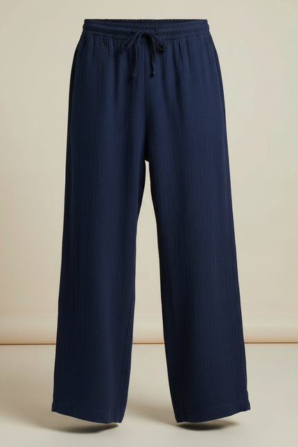 Pantalon Fluide Bleu Marine Ample Coton Lin Casual - vue 3