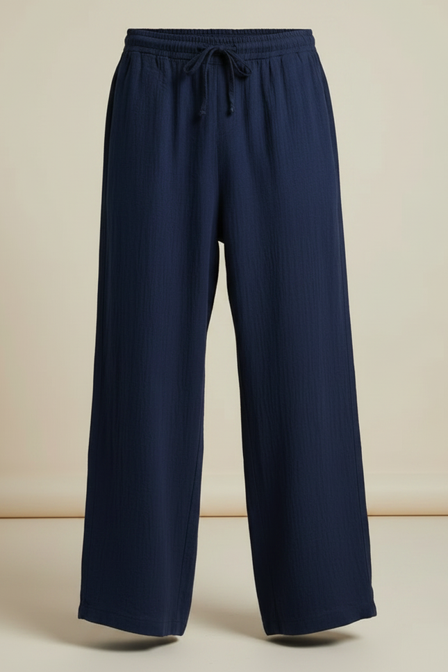 Pantalon Fluide Bleu Marine Ample Coton Lin Casual - vue 3
