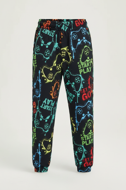 Pantalon Fluide Noir Imprimé Manettes Colorées Garçon - Molleton - vue 3