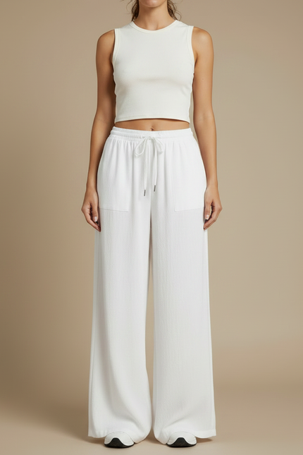 Pantalon Fluide Blanc Ample Cordon Décontracté - Lin - vue 3