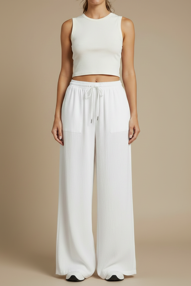 Pantalon Fluide Blanc Ample Cordon Décontracté - Lin - vue 3