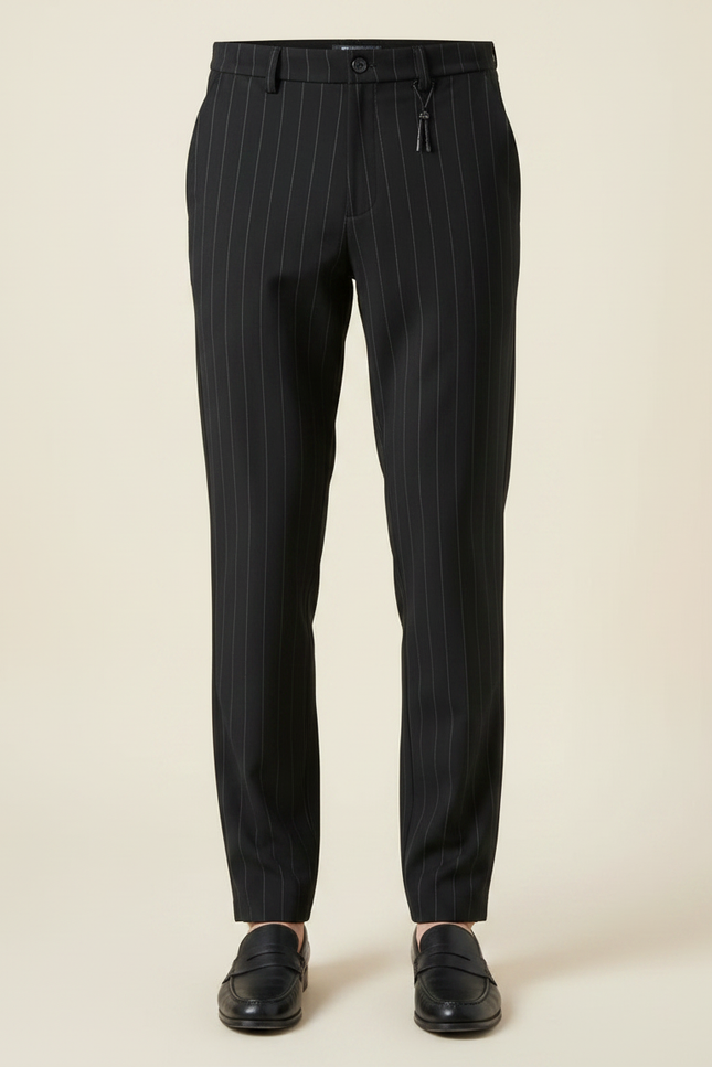 Pantalon Fluide Noir Rayé Décontracté Homme Élégant - Laine - vue 3