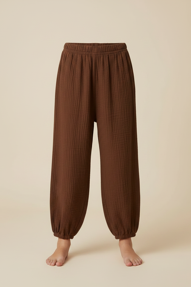 Pantalon Fluide Marron Côtelé Harem Ample Coton Enfant - vue 3