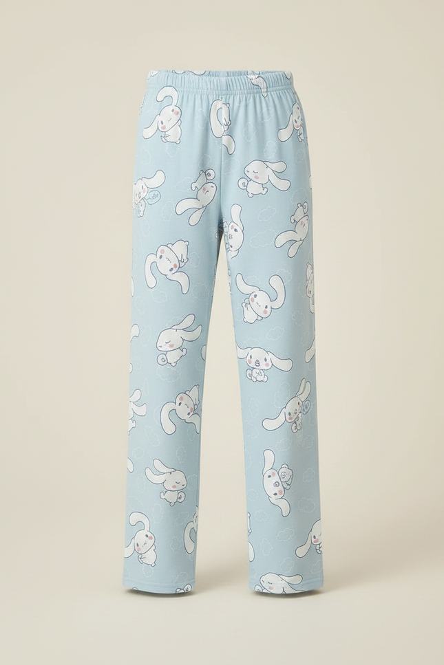 Pantalon Fluide Bleu Ciel Imprimé Lapins Mignon Confortable - Molleton - vue 3