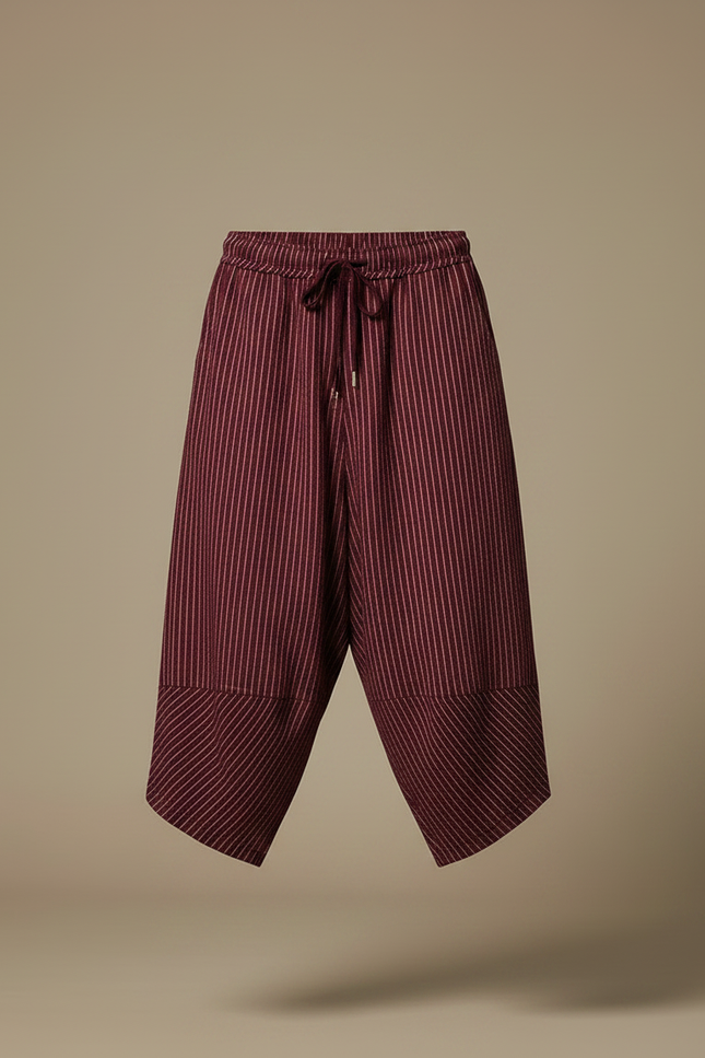 Pantalon Fluide Rayé Bordeaux Ample Coton Lin - vue 3