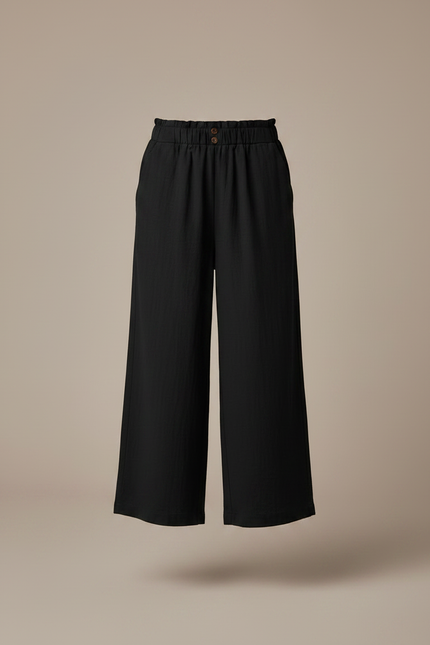Pantalon Fluide Noir Ample Coton Décontracté Boutons - vue 3