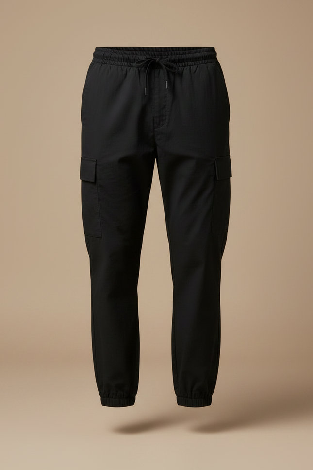 Pantalon Fluide Cargo Noir Cordon Ample Homme - Polyester - vue 3