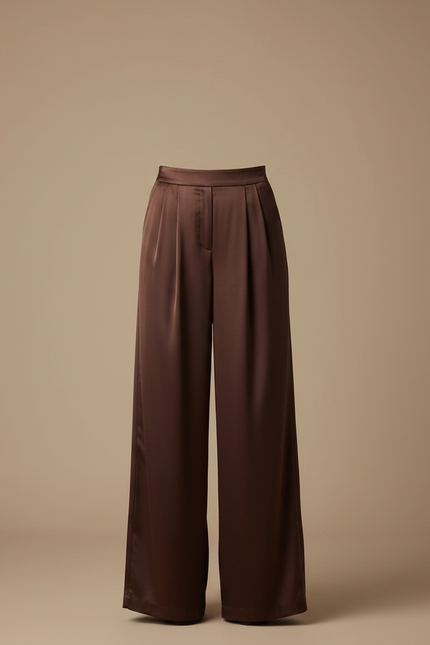 Pantalon Fluide Marron Satiné Ample Élégant Femme - vue 3