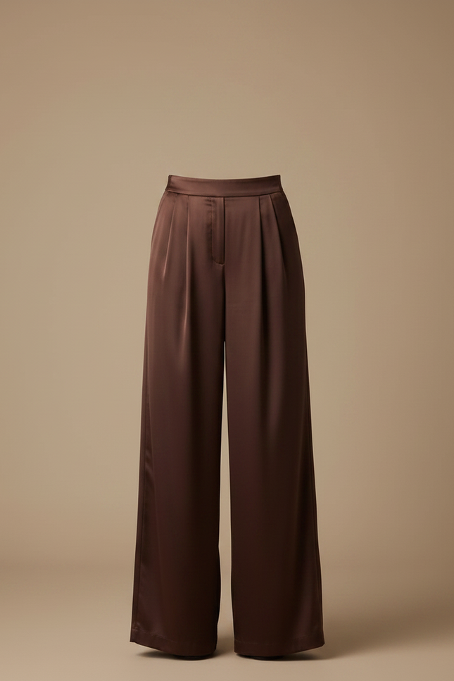 Pantalon Fluide Marron Satiné Ample Élégant Femme - vue 3