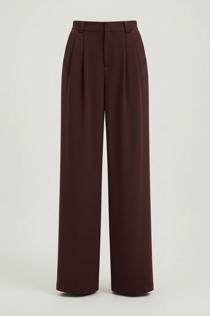 Pantalon Fluide Bordeau Plissé Large Taille Haute Élégant - Bordeaux Polyester - vue 3