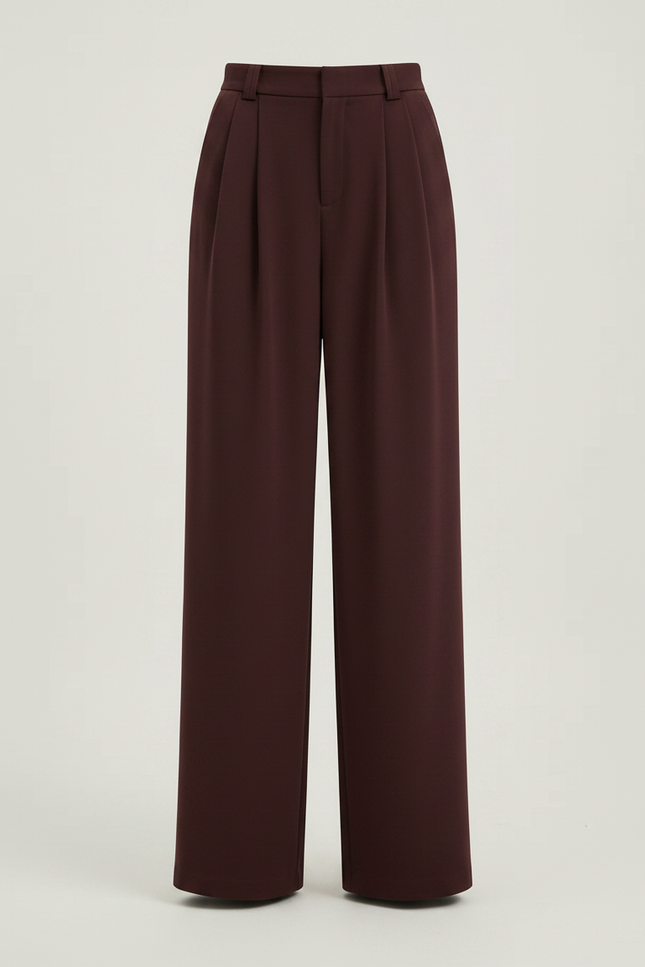 Pantalon Fluide Bordeau Plissé Large Taille Haute Élégant - Bordeaux Polyester - vue 3