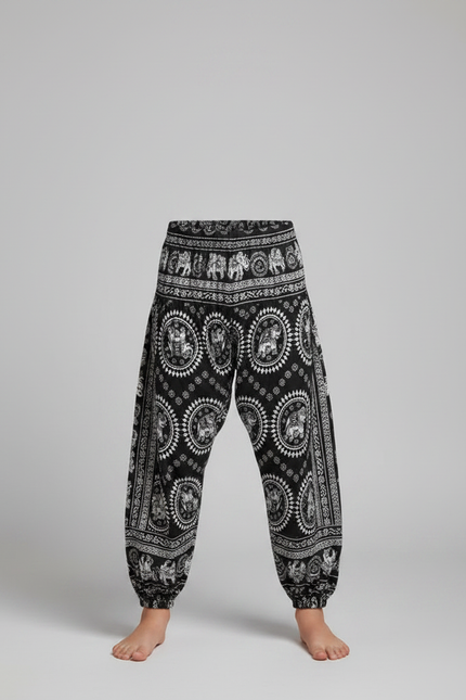 Pantalon Fluide Noir Imprimé Éléphants Ample Coton Enfant - vue 3