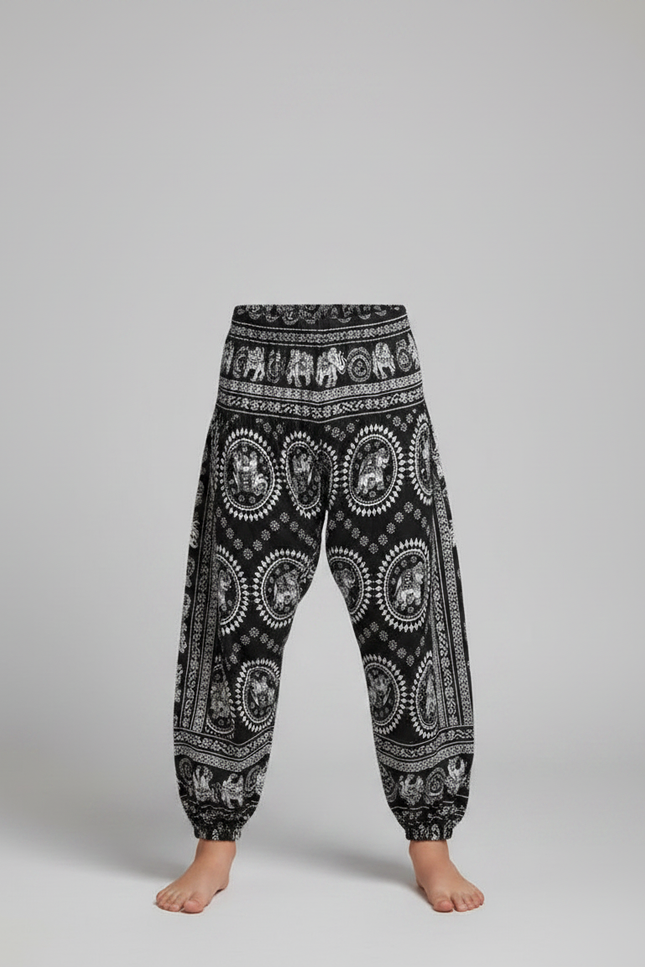 Pantalon Fluide Noir Imprimé Éléphants Ample Coton Enfant - vue 3