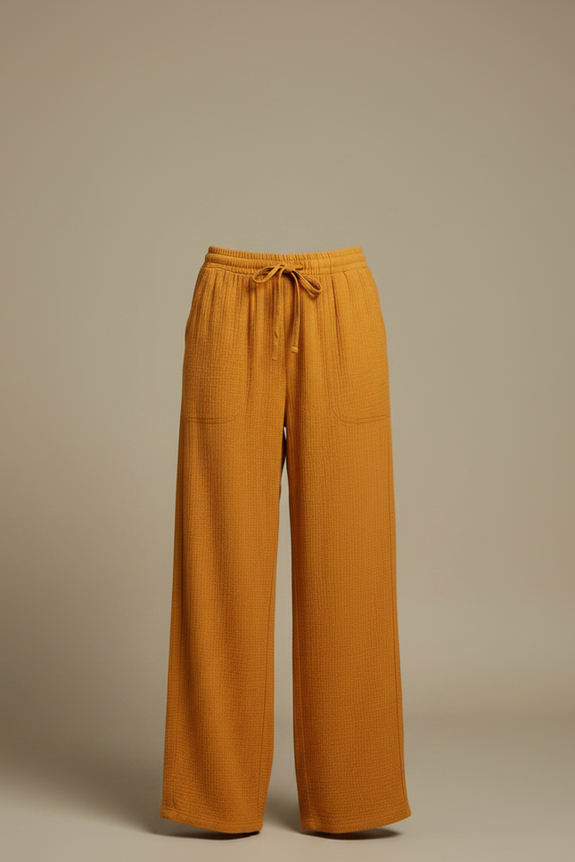 Pantalon Fluide Ample Coton Crêpe Jaune Ocre Décontracté - vue 3