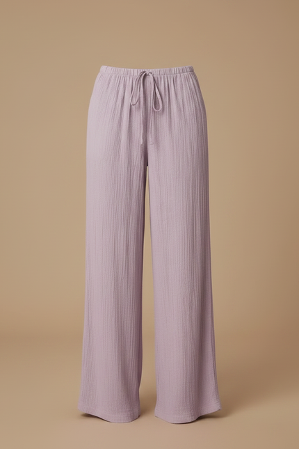 Pantalon Fluide Ample Mauve Texturé Cordon Décontracté Femme - Violet Viscose - vue 3