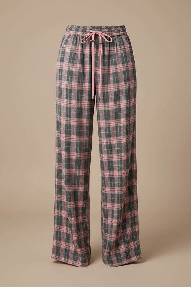 Pantalon Fluide Écossais Rose Gris Ample Décontracté - Multicolore Laine - vue 3