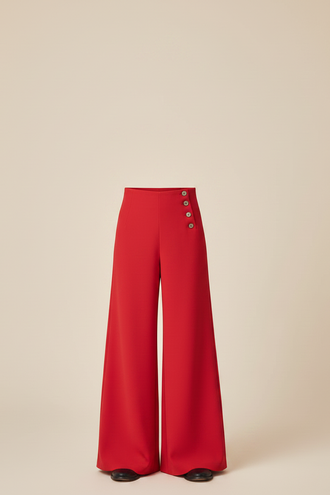 Pantalon Fluide Rouge Taille Haute Boutons Ample - Viscose - vue 3