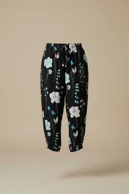 Pantalon Fluide Noir Imprimé Floral Ample Décontracté - Viscose - vue 3