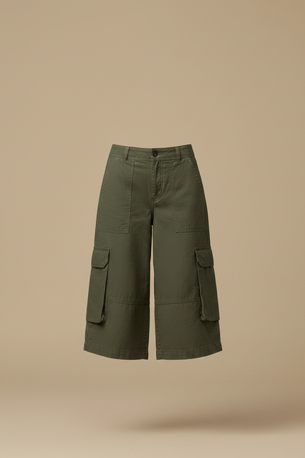 Pantalon Fluide Cargo Vert Ample Coton Décontracté - Kaki Toile - vue 3
