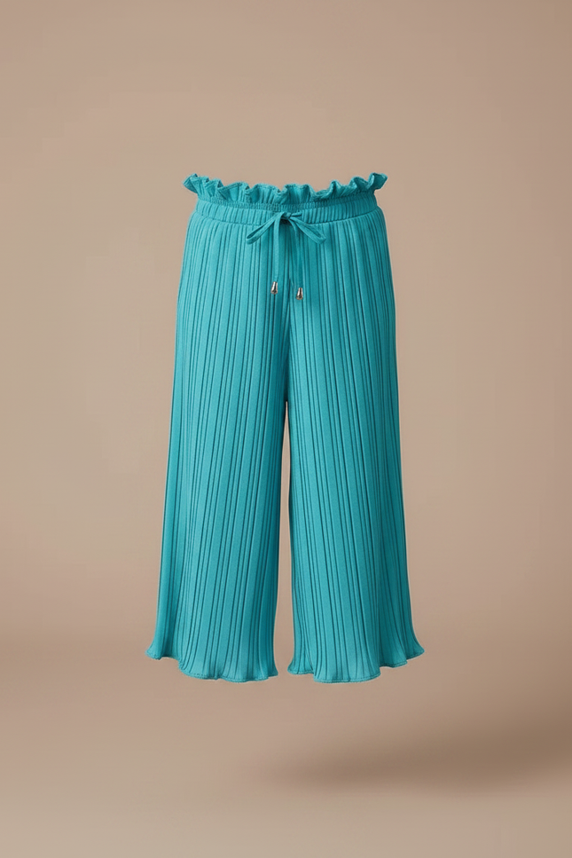 Pantalon Fluide Plissé Turquoise Fille Taille Élastique - Bleu Polyester - vue 3