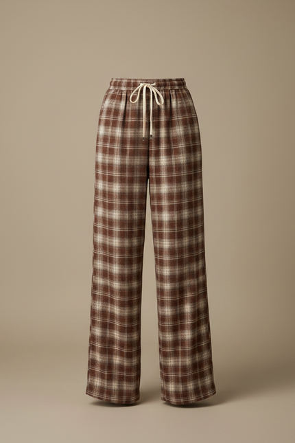 Pantalon Fluide Carreaux Marron Ample Décontracté Cordon - Tweed - vue 3