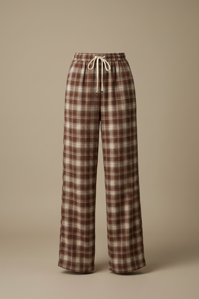 Pantalon Fluide Carreaux Marron Ample Décontracté Cordon - Tweed - vue 3