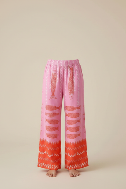 Pantalon Fluide Rose Imprimé Poissons Ample Décontracté - Viscose - vue 3