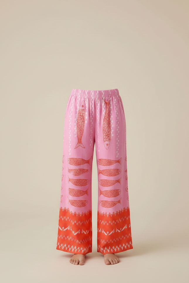 Pantalon Fluide Rose Imprimé Poissons Ample Décontracté - Viscose - vue 3