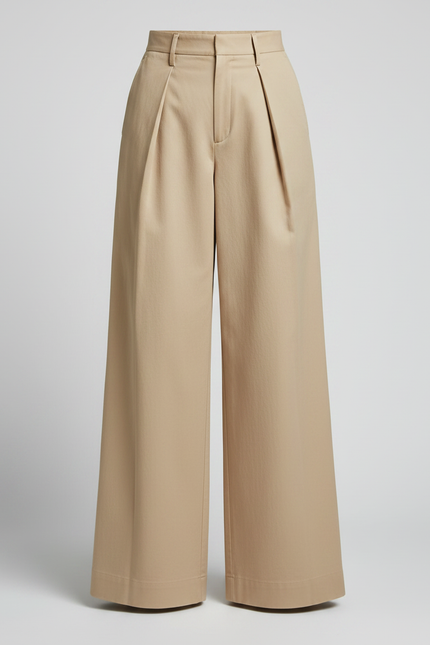 Pantalon Fluide Beige Plissé Ample Taille Haute Élégant - Gabardine - vue 3