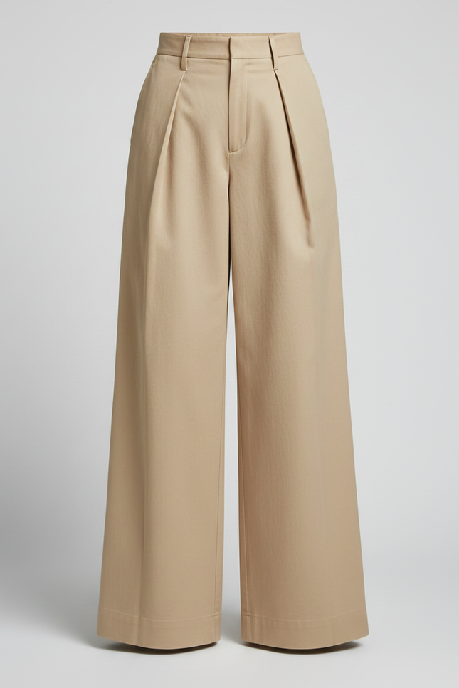 Pantalon Fluide Beige Plissé Ample Taille Haute Élégant - Gabardine - vue 3
