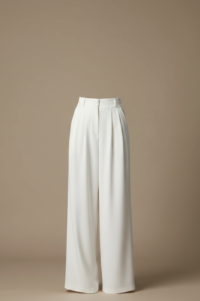 Pantalon Fluide Blanc Ample Taille Haute Élégant Plissé - Polyester - vue 3