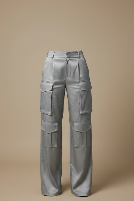 Pantalon Fluide Cargo Gris Satiné Ample Femme - Argenté - vue 3