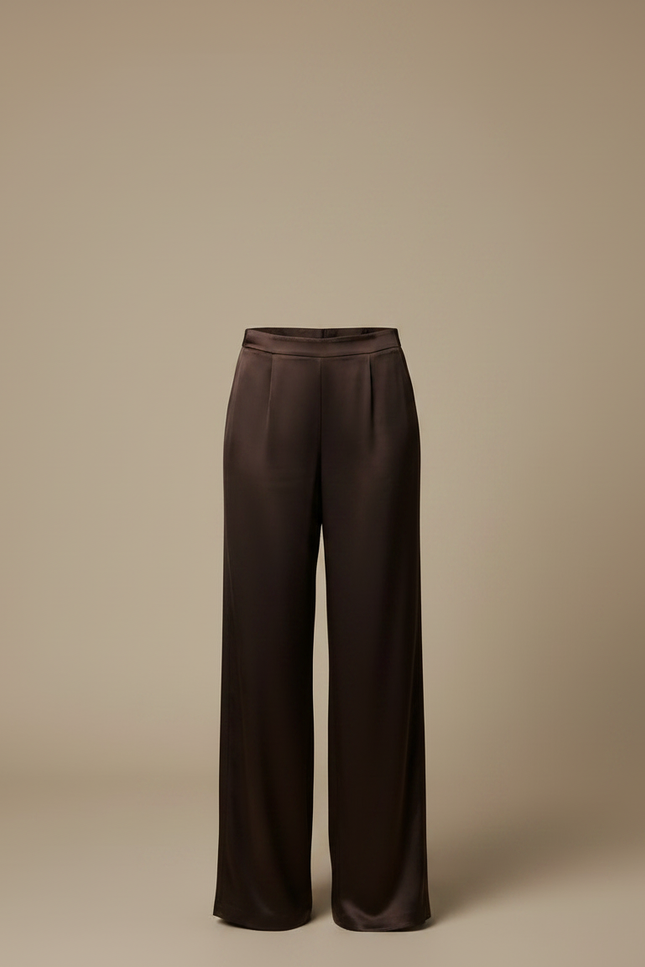 Pantalon Fluide Marron Satiné Ample Élégant Taille Haute - vue 3