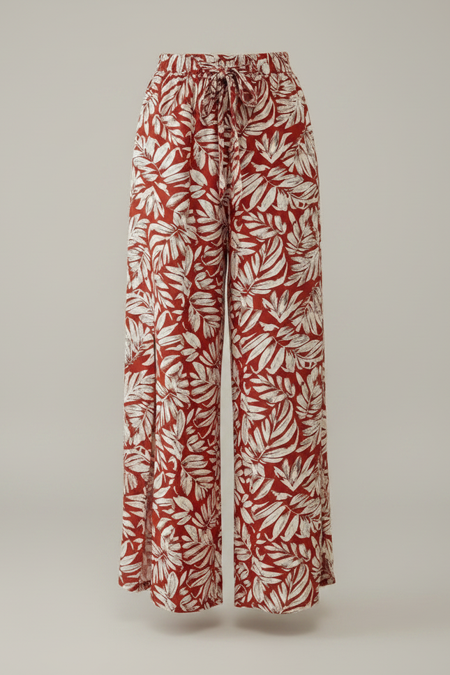 Pantalon Fluide Rouge Floral Ample Fendu Bohème - Viscose - vue 3
