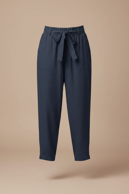 Pantalon Fluide Bleu Marine Coton Ample Cordon Femme - vue 3