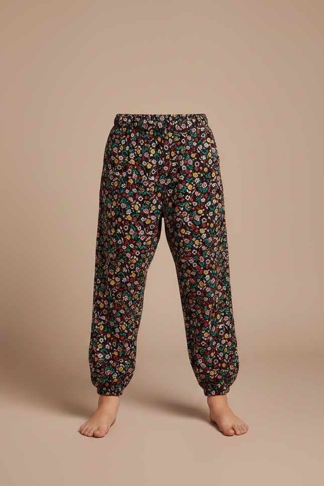 Pantalon Fluide Noir Fleuri Ample Décontracté Enfant - Multicolore Viscose - vue 3