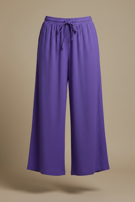 Pantalon Fluide Violet Ample Coton Taille Haute Femme - vue 3