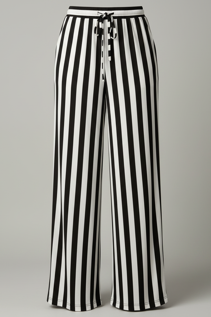 Pantalon Fluide Rayé Noir Blanc Ample Cordon - Multicolore Maille - vue 3