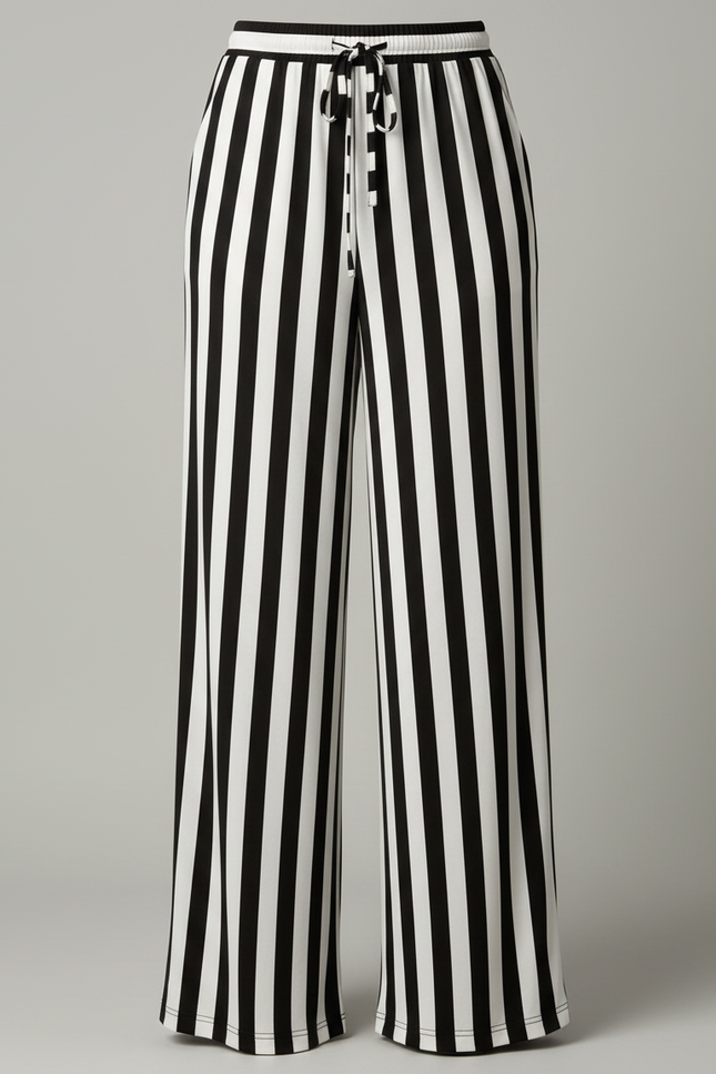 Pantalon Fluide Rayé Noir Blanc Ample Cordon - Multicolore Maille - vue 3