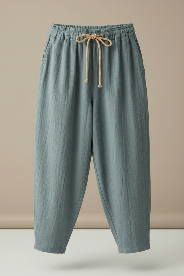 Pantalon Fluide Vert Lin Coton Ample Décontracté - vue 3