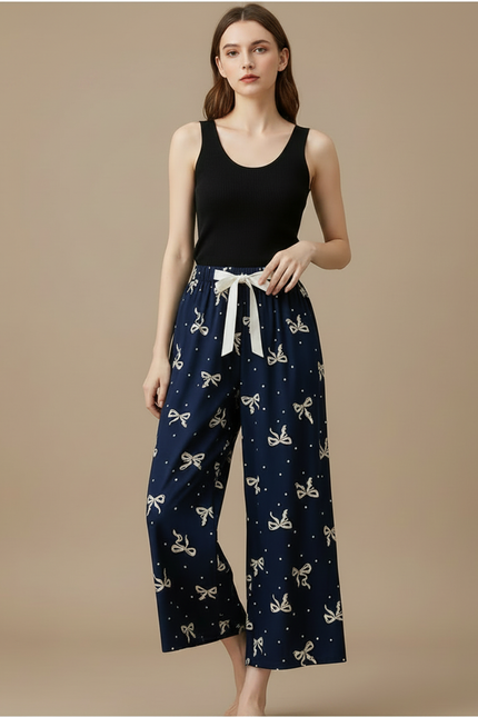 Pantalon Fluide Bleu Marine Imprimé Nœuds Ample Décontracté - Viscose - vue 3