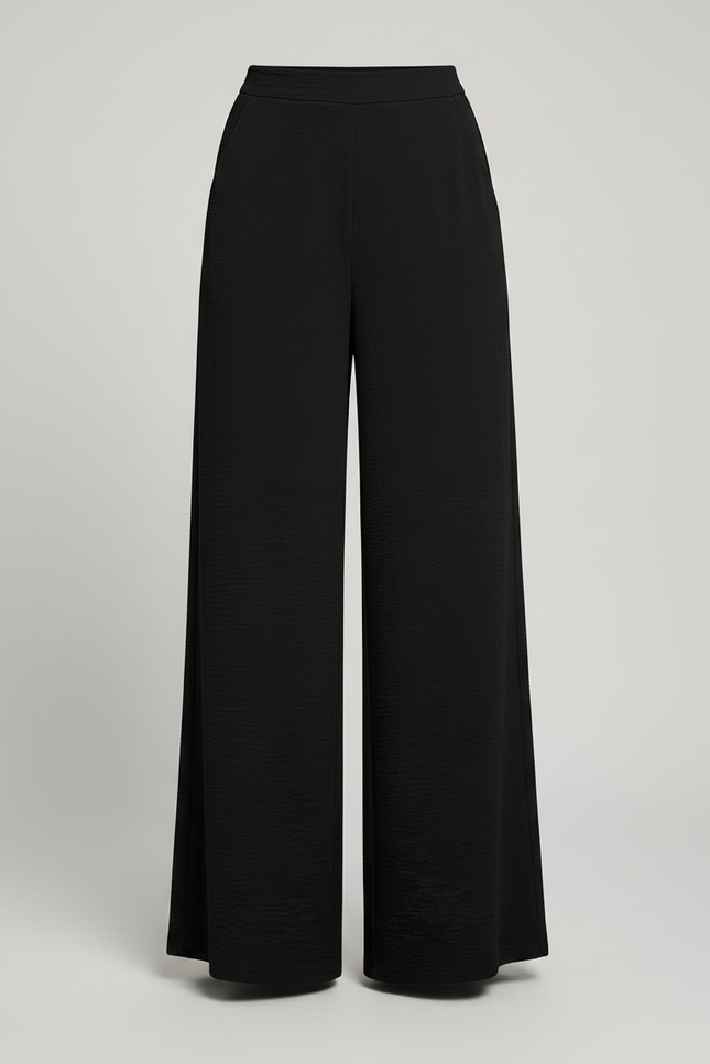 Pantalon Fluide Noir Ample Texturé Taille Haute Décontracté - Polyester - vue 3