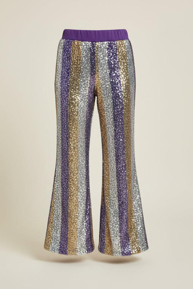 Pantalon Fluide Paillettes Rayé Évasé Confortable Brillant - Multicolore Polyester - vue 3